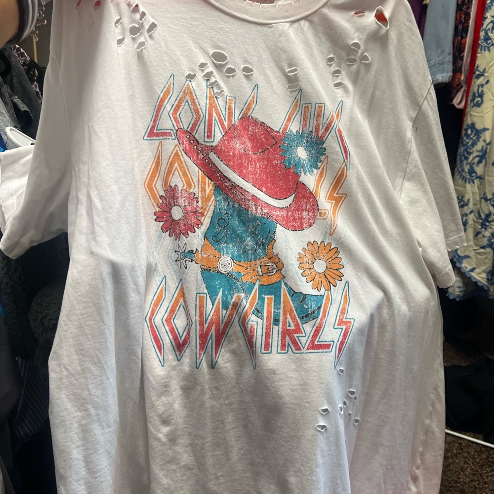 White Graphic Tee with Cowgirl Design